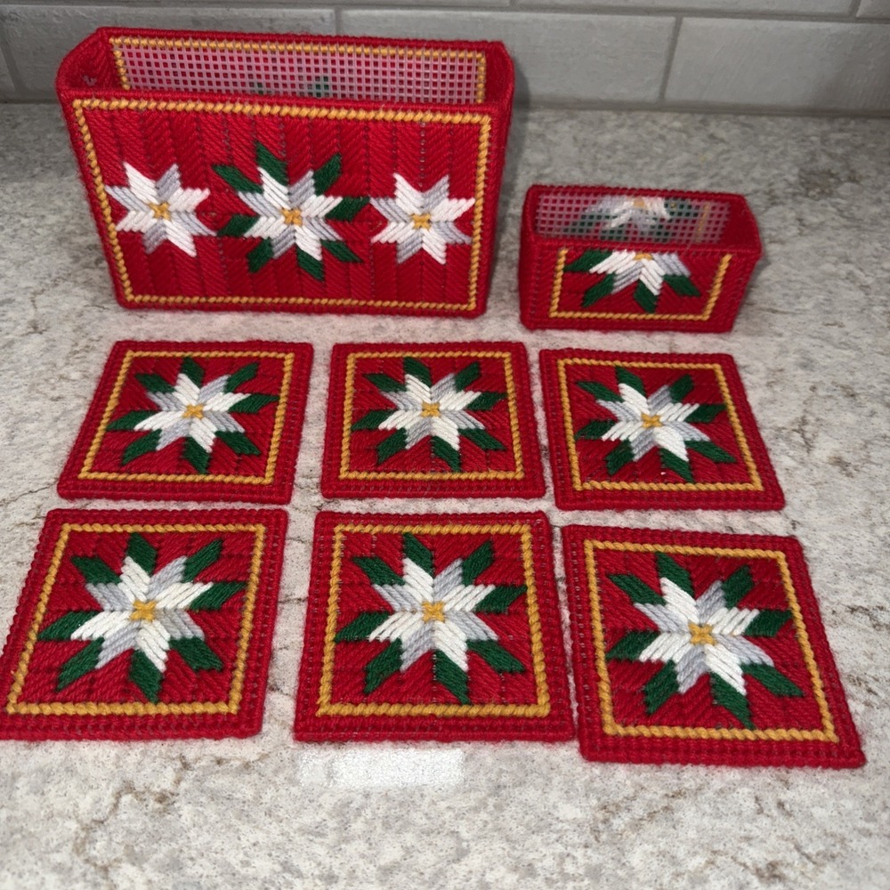 Plastic Canvas Handmade Letter Napkin Holder Christmas Cards Coaster Set Red